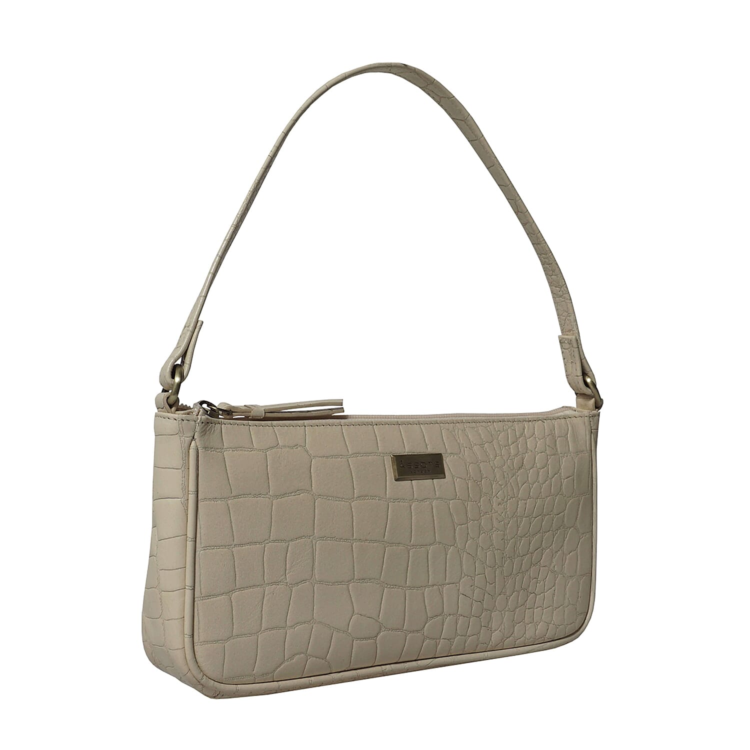 ASSOTS LONDON Zara 100% Genuine Leather Croc Embossed Handbag (Size 25x14x5 Cm) - Off White