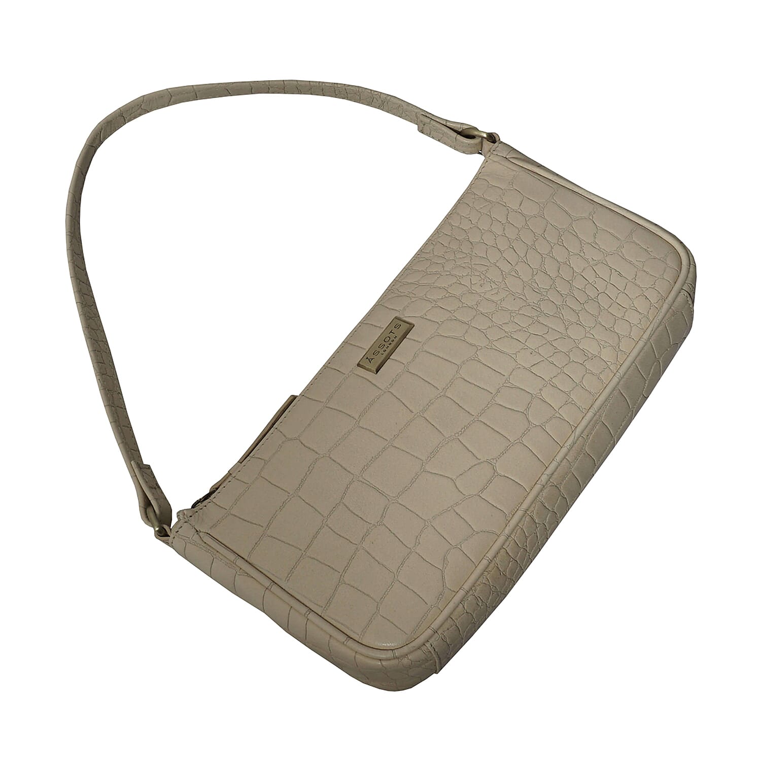 ASSOTS LONDON Zara 100% Genuine Leather Croc Embossed Handbag (Size 25x14x5 Cm) - Off White