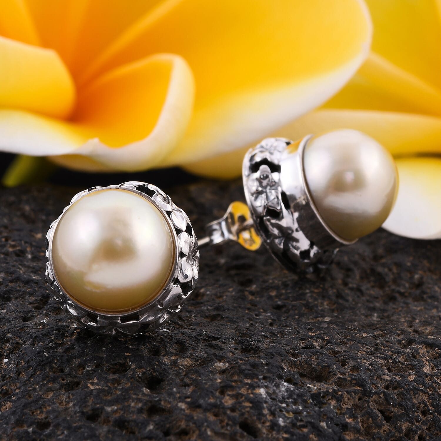 White South Sea Pearl Stud Earrings (with Push Back) in Sterling Silver