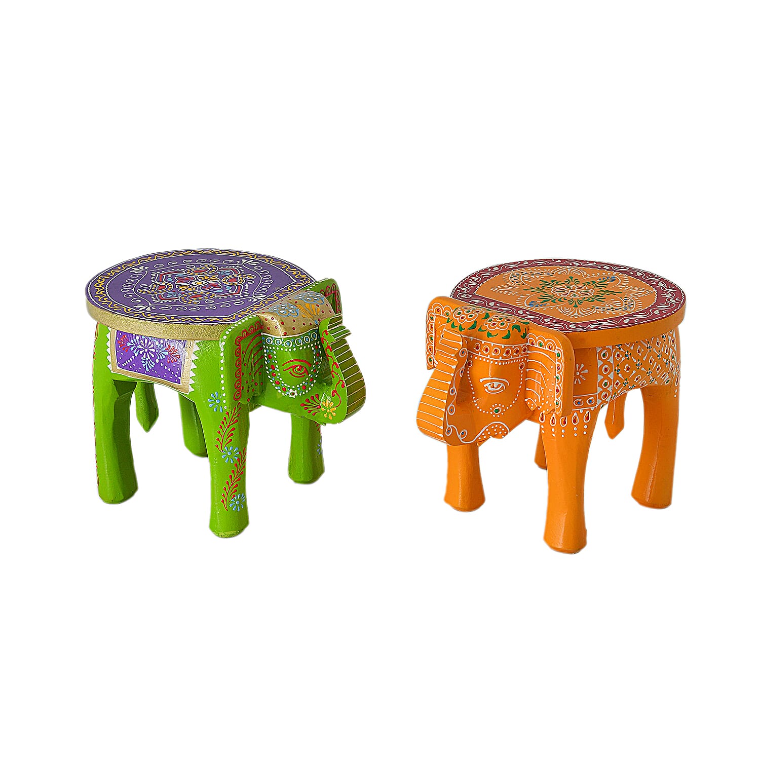 Set of 2 - Handcrafted Printed Wooden Elephant Stools (Size 20x25x20Cm)