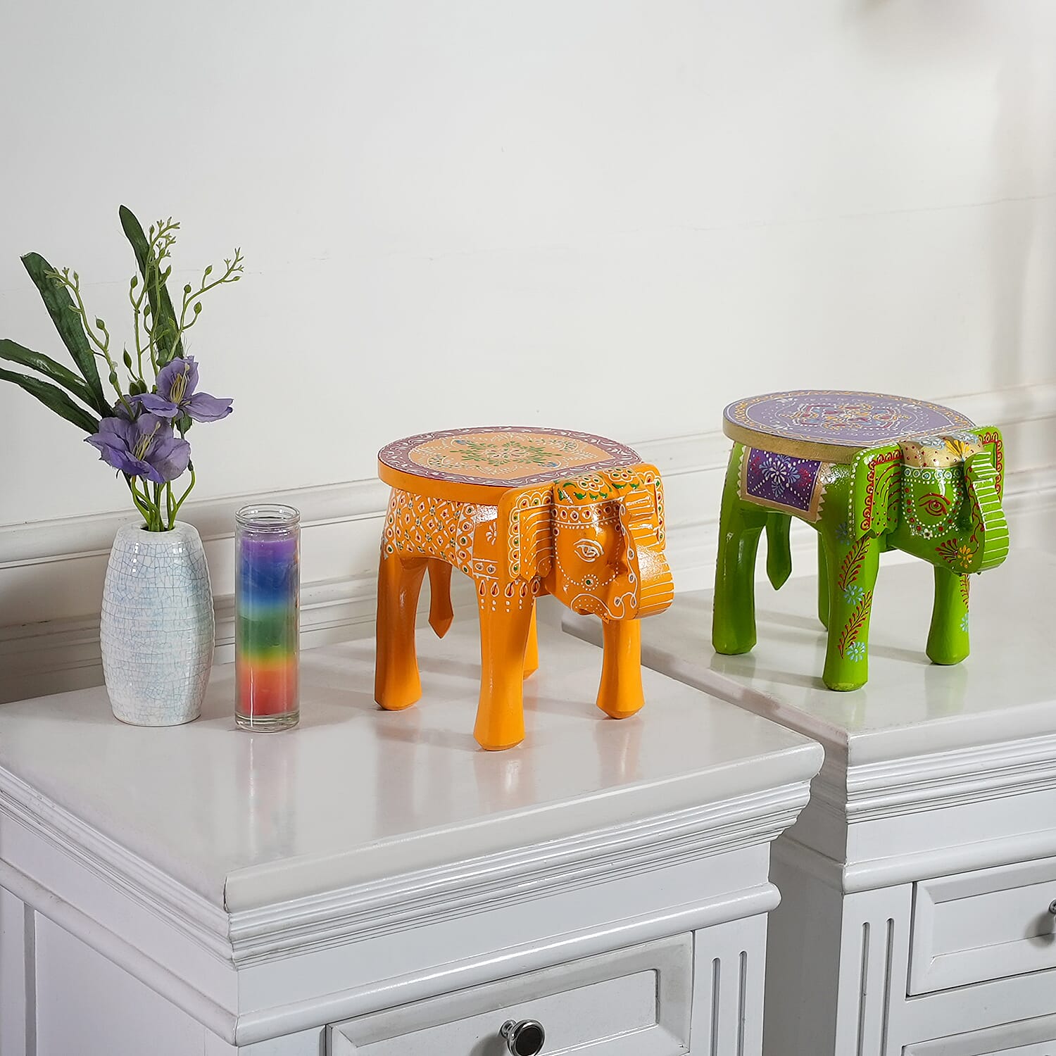 Set of 2 - Handcrafted Printed Wooden Elephant Stools (Size 20x25x20Cm)