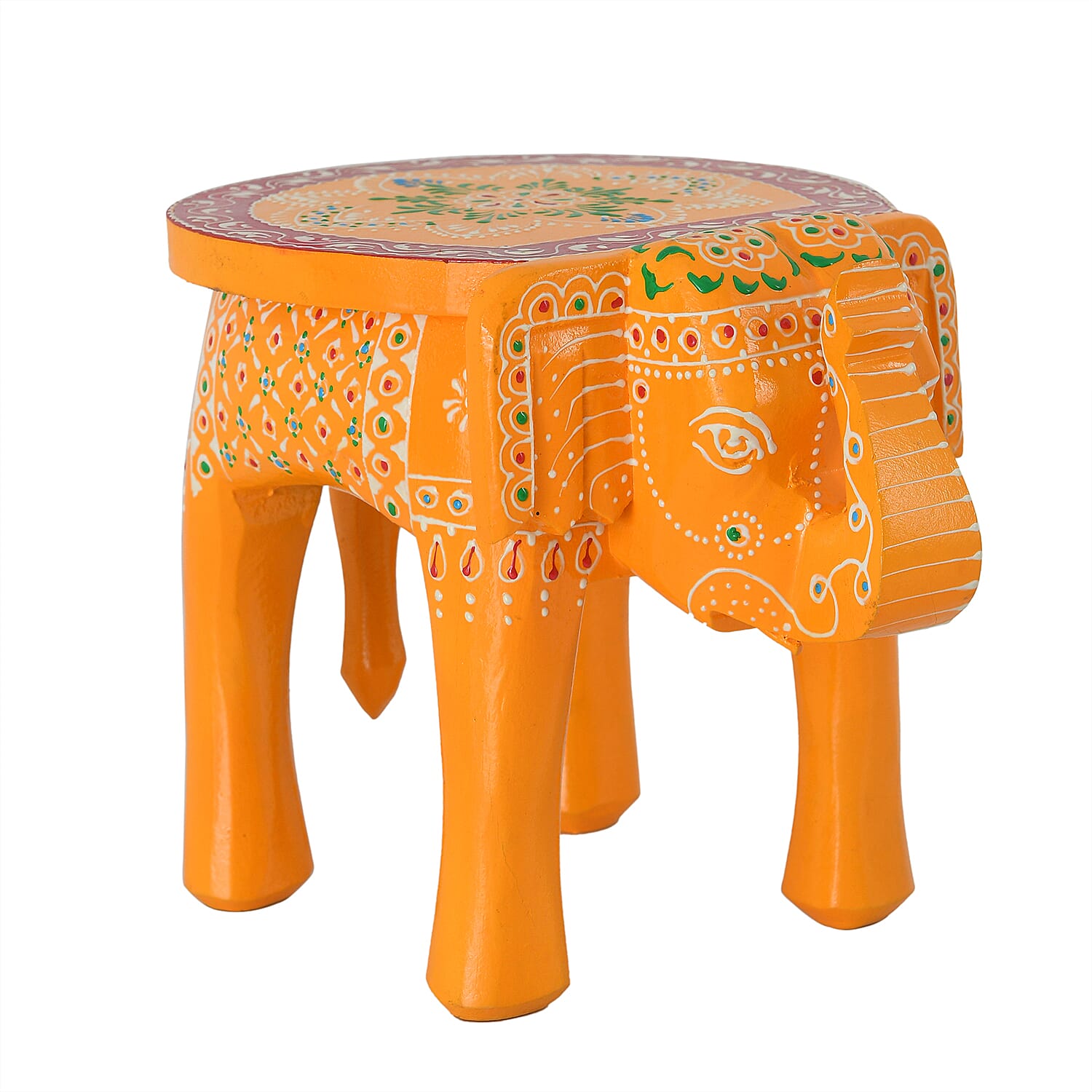 Set of 2 - Handcrafted Printed Wooden Elephant Stools (Size 20x25x20Cm)