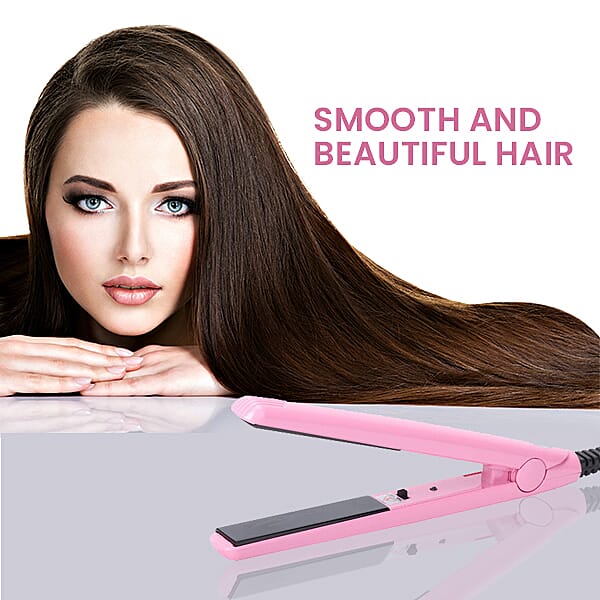 Multi Functional Mini & Travel Portable Hair Curl  Straightener with LED Indicator and Power Cable  - Pink