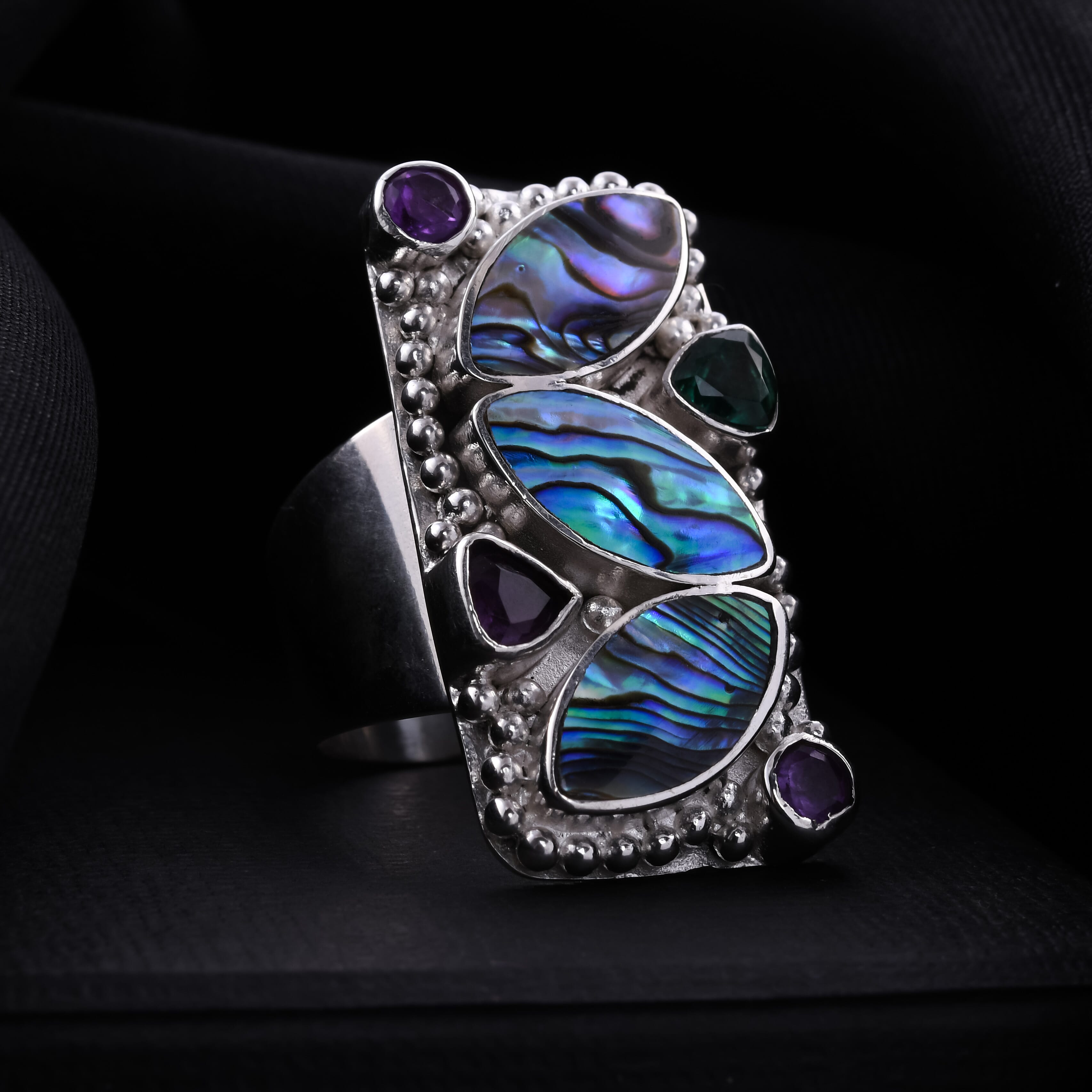 Sajen Silver BALI GODDESS COLLECTION - Abalone Shell, Green Quartz and Amethyst Ring in Sterling Silver 1.86 Ct, Silver wt 15.5 Gms