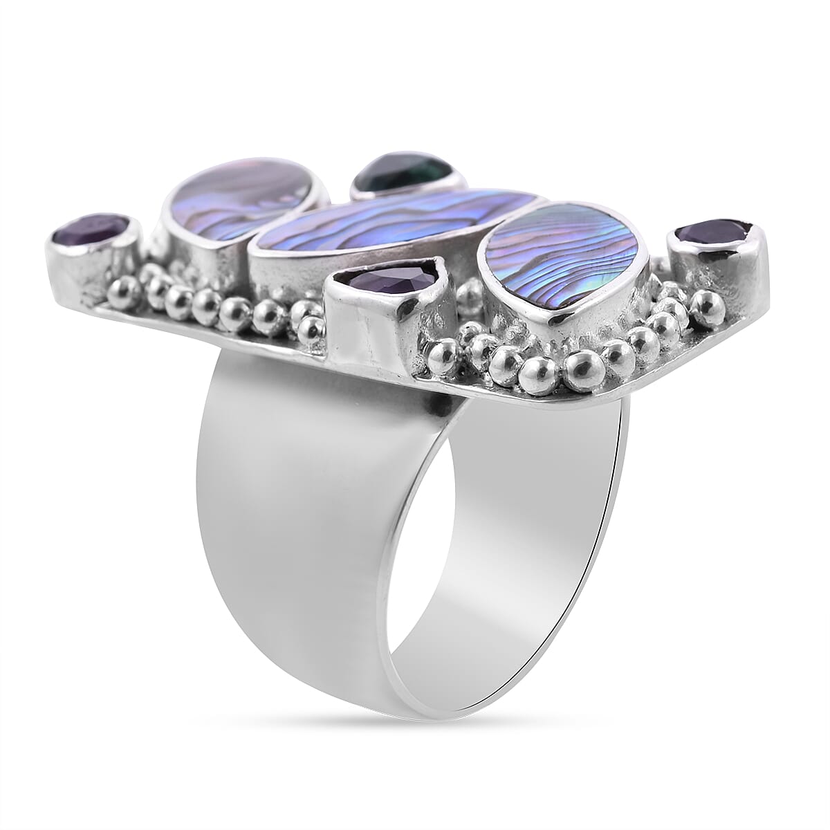 Sajen Silver BALI GODDESS COLLECTION - Abalone Shell, Green Quartz and Amethyst Ring in Sterling Silver 1.86 Ct, Silver wt 15.5 Gms