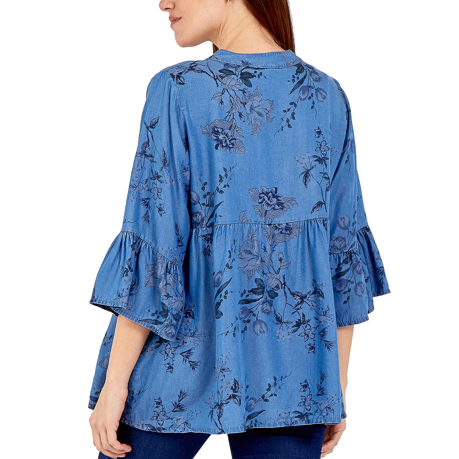 NOVA of London Floral Print Frill Sleeve Smock Top (Size up to 18) - Base Blue