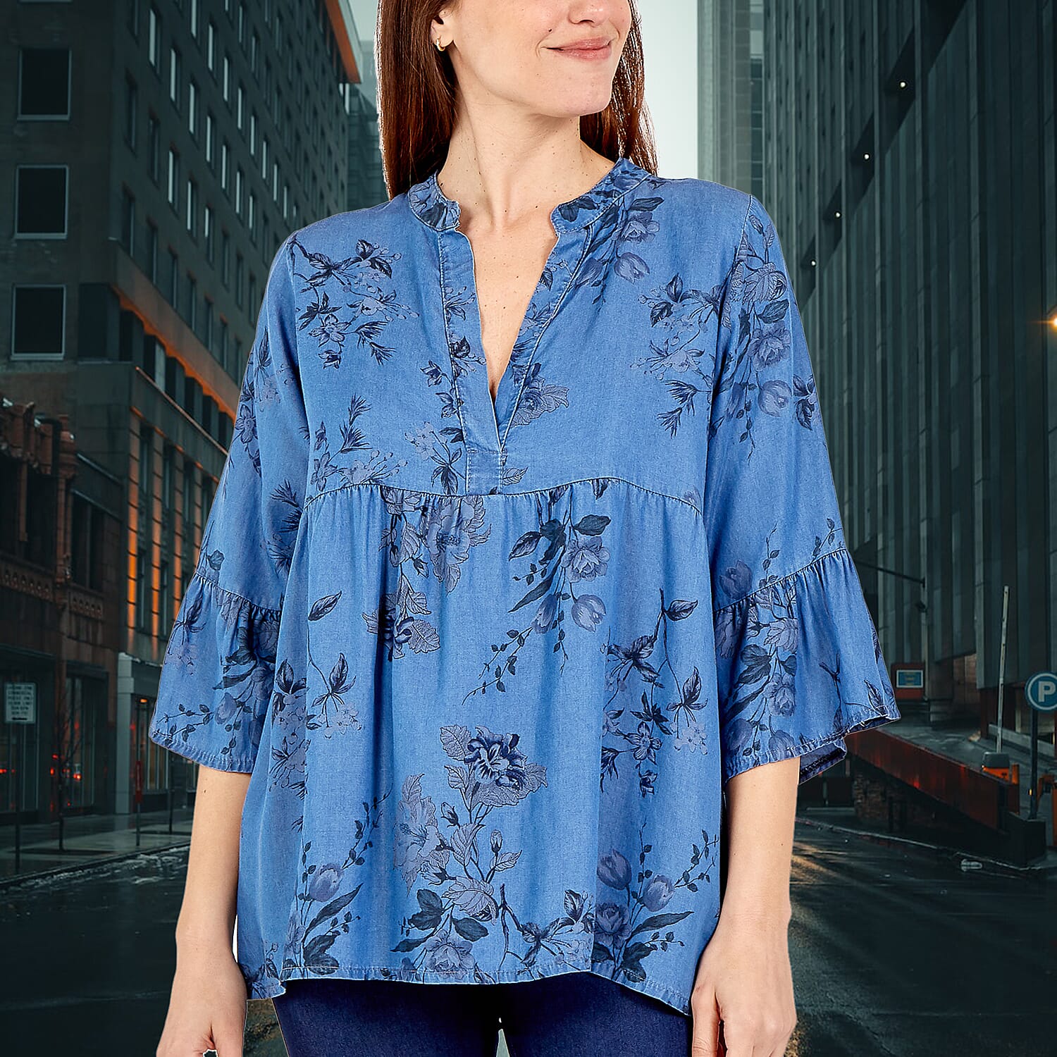 NOVA of London Floral Print Frill Sleeve Smock Top (Size up to 18) - Base Blue