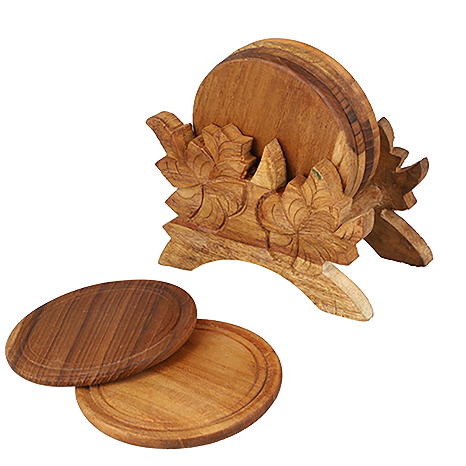 Handcarved Teak Wooden Coasters with Stand