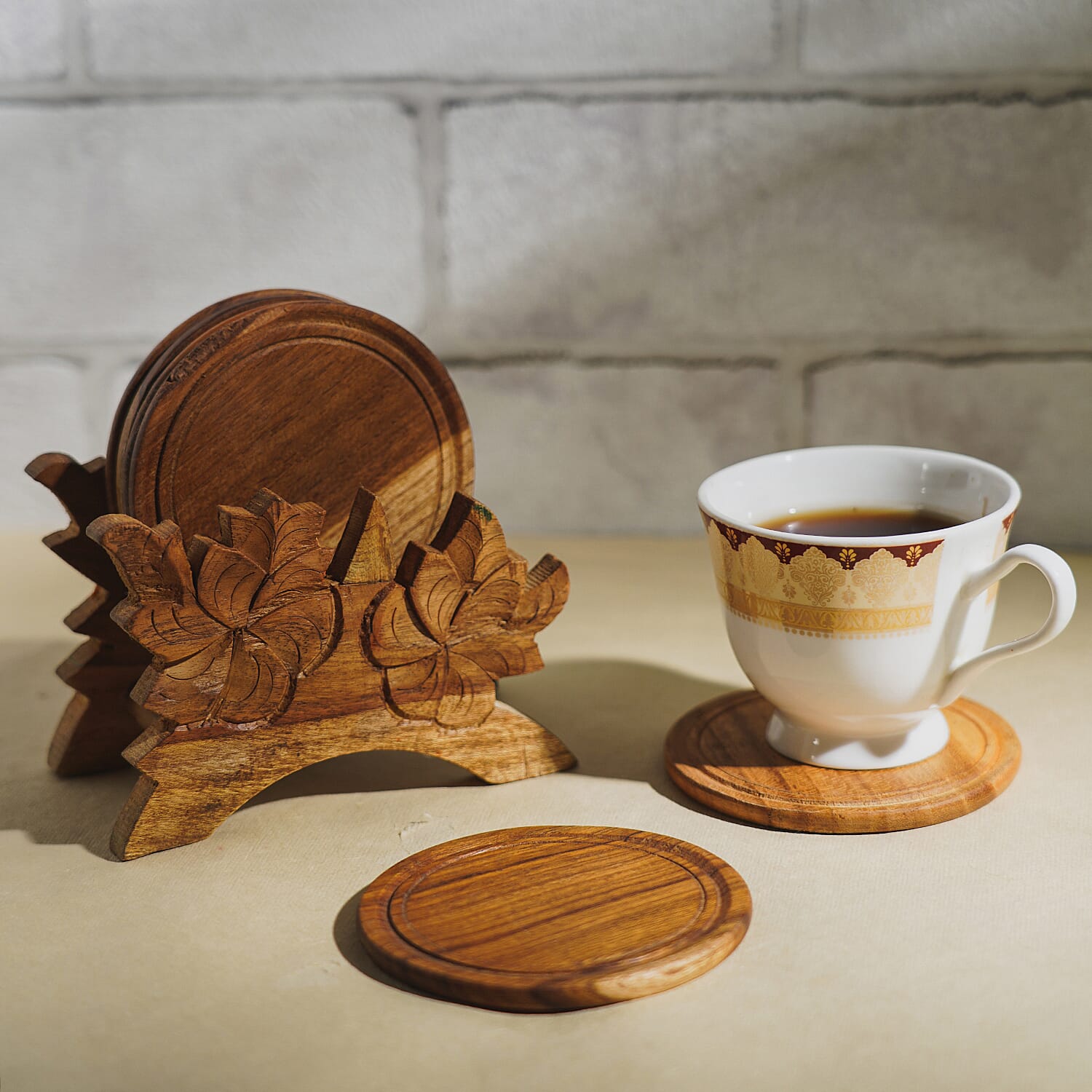 Handcarved Teak Wooden Coasters with Stand