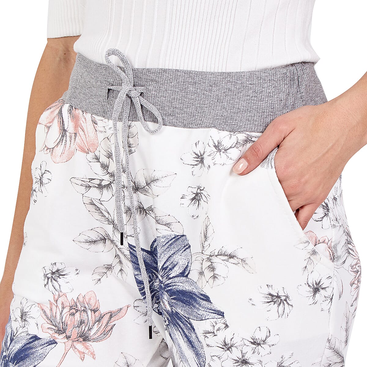 NOVA OF LONDON Flower Print Jersey Trousers (Size up to 16) in Cream