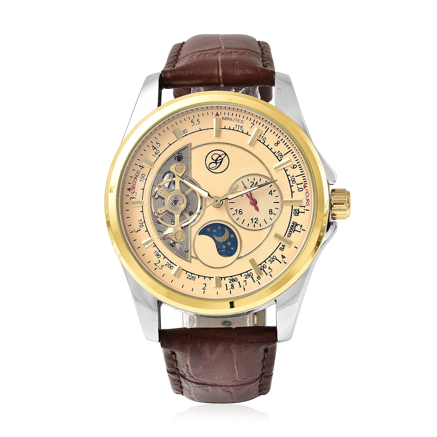 GENOA Automatic Mechanical Movement Skeleton Golden Dial Water Resistant Watch with Brown Strap