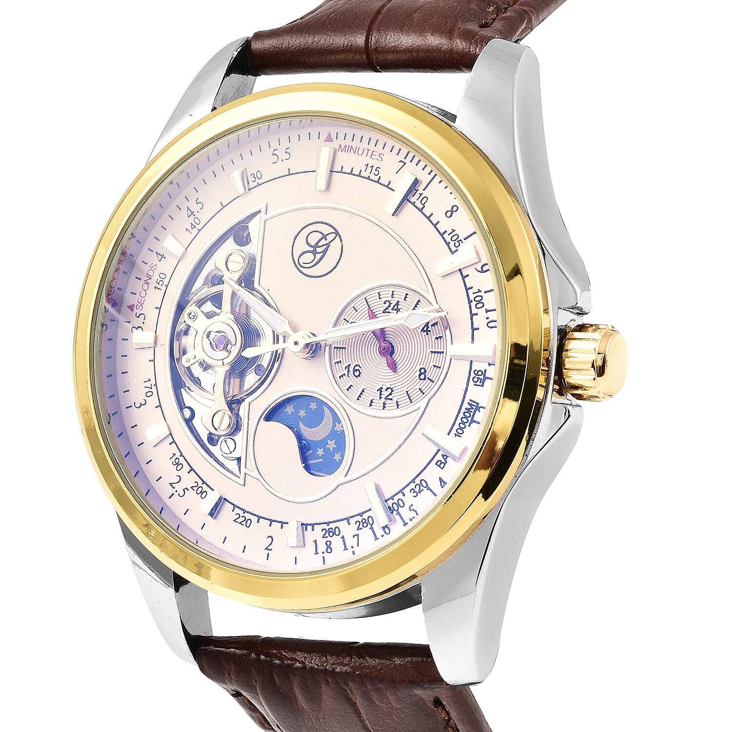 GENOA Automatic Mechanical Movement Skeleton Golden Dial Water Resistant Watch with Brown Strap