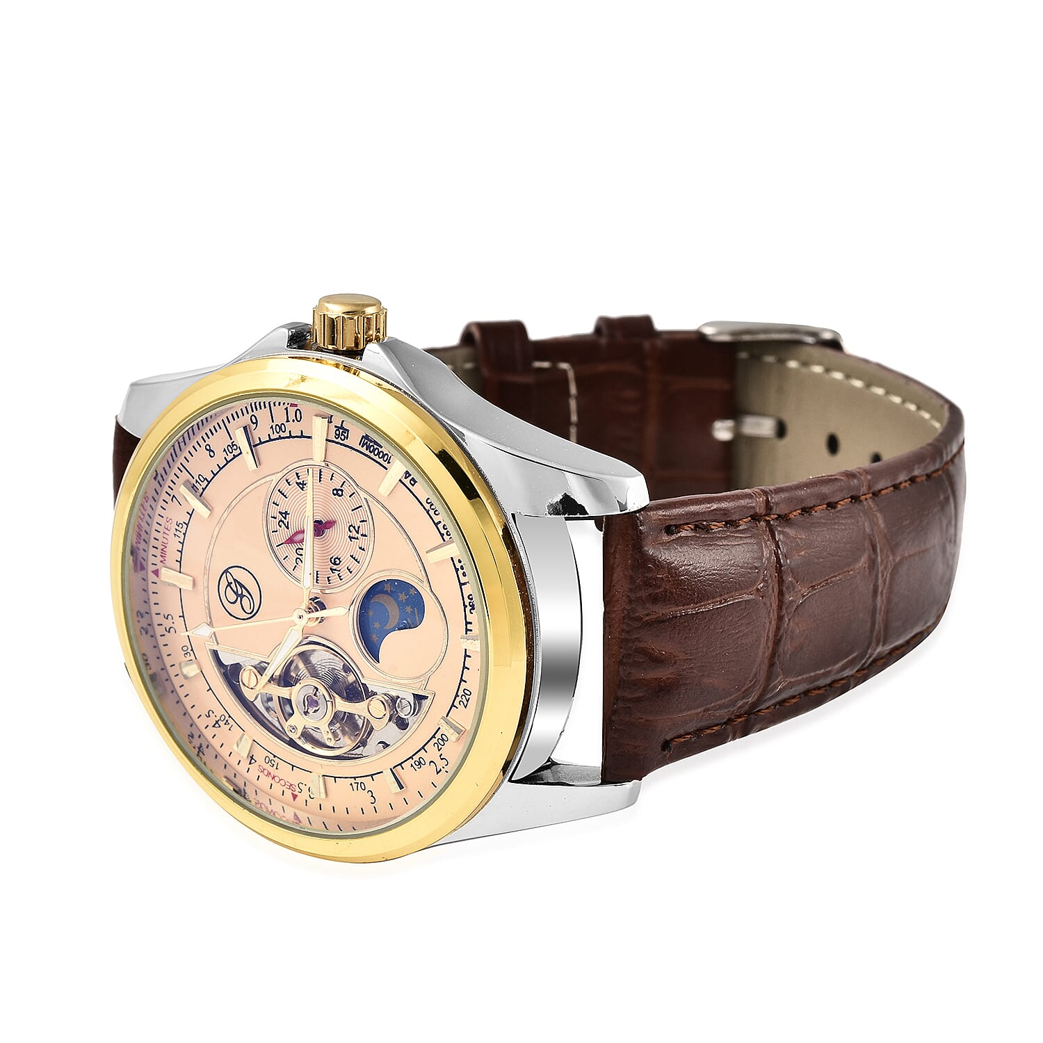 GENOA Automatic Mechanical Movement Skeleton Golden Dial Water Resistant Watch with Brown Strap