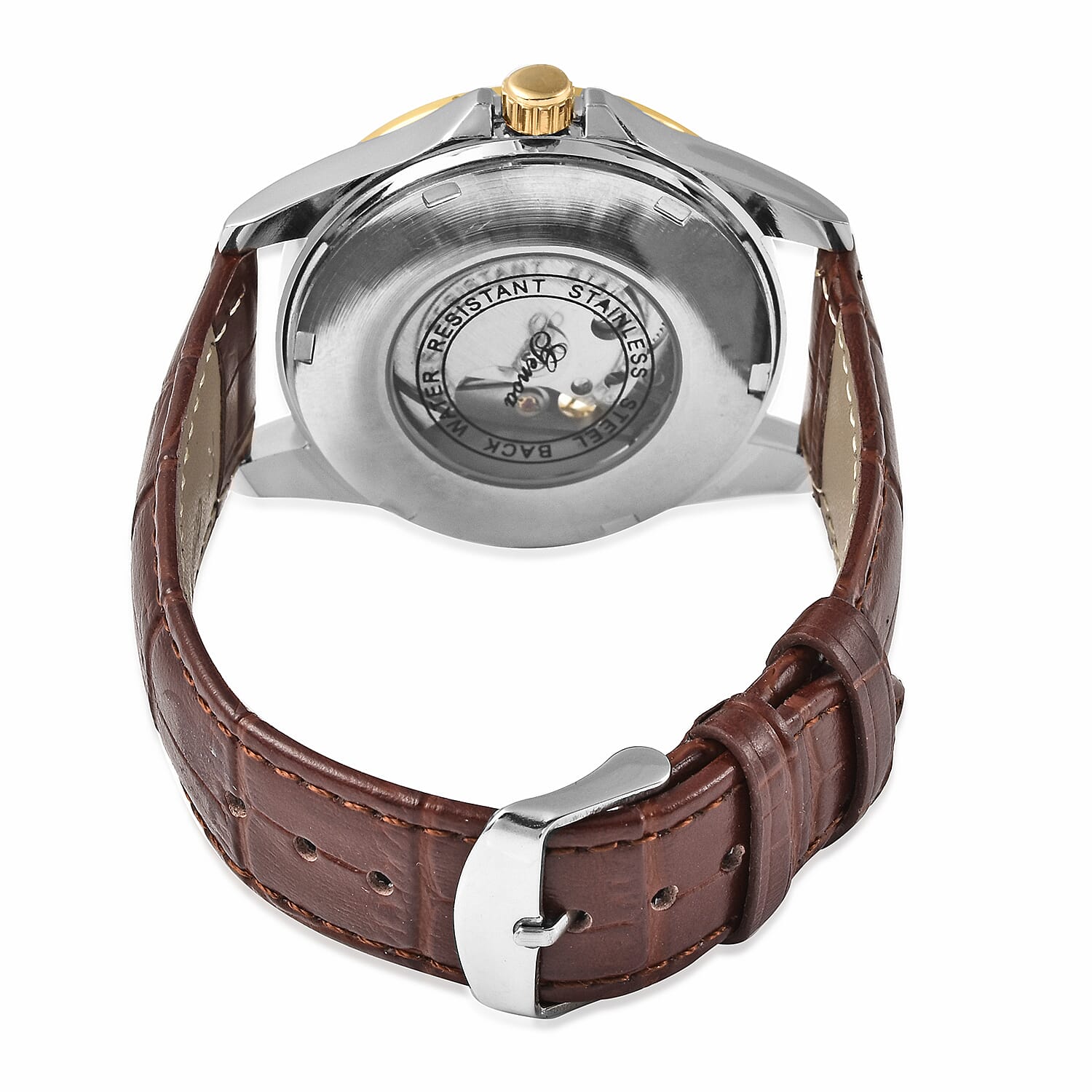 GENOA Automatic Mechanical Movement Skeleton Golden Dial Water Resistant Watch with Brown Strap