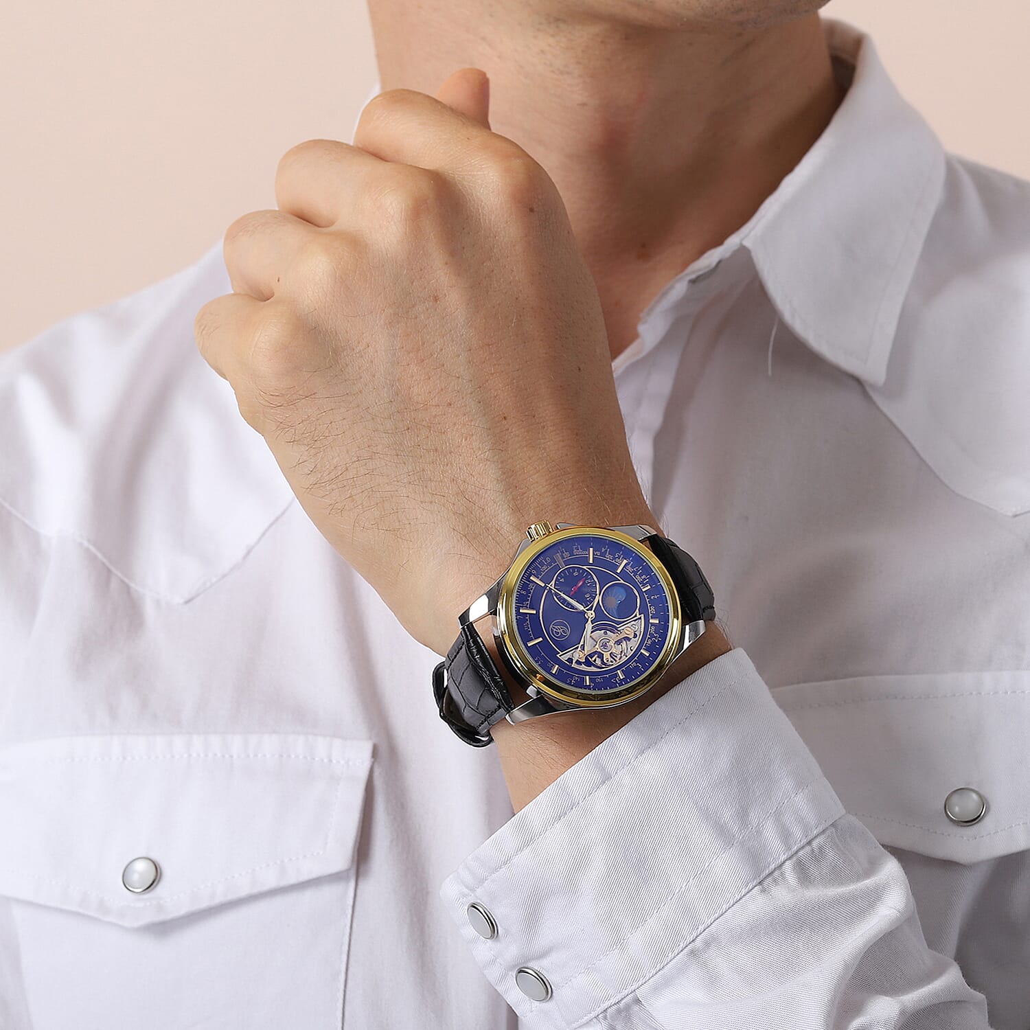 GENOA Automatic Mechanical Movement Skeleton Black Dial Water Resistant Watch with Black Strap