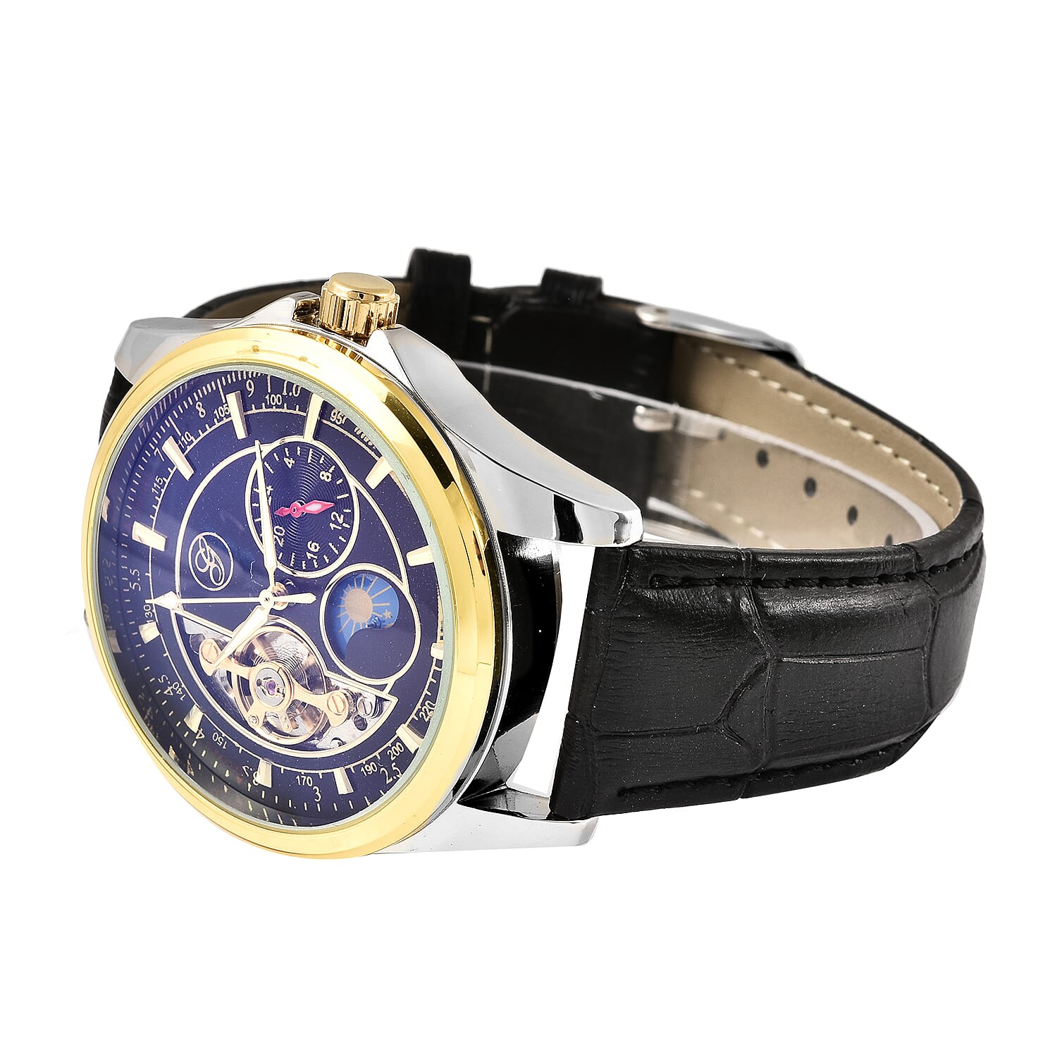 GENOA Automatic Mechanical Movement Skeleton Black Dial Water Resistant Watch with Black Strap