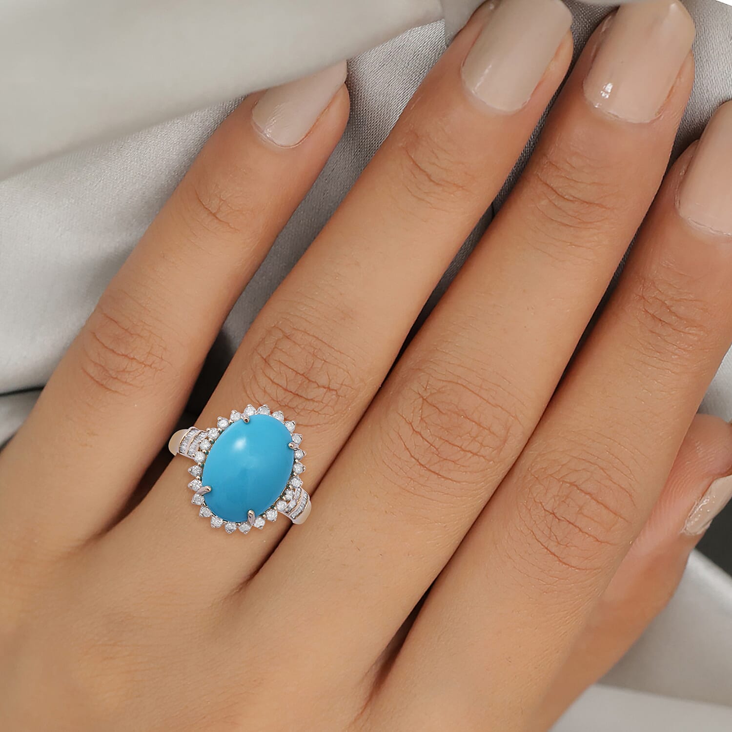 9K Yellow Gold Arizona Sleeping Beauty Turquoise (Very Rare Size 14x10) and Diamond Sun Ring 5.63 Ct, Gold Wt 3.00 Gms