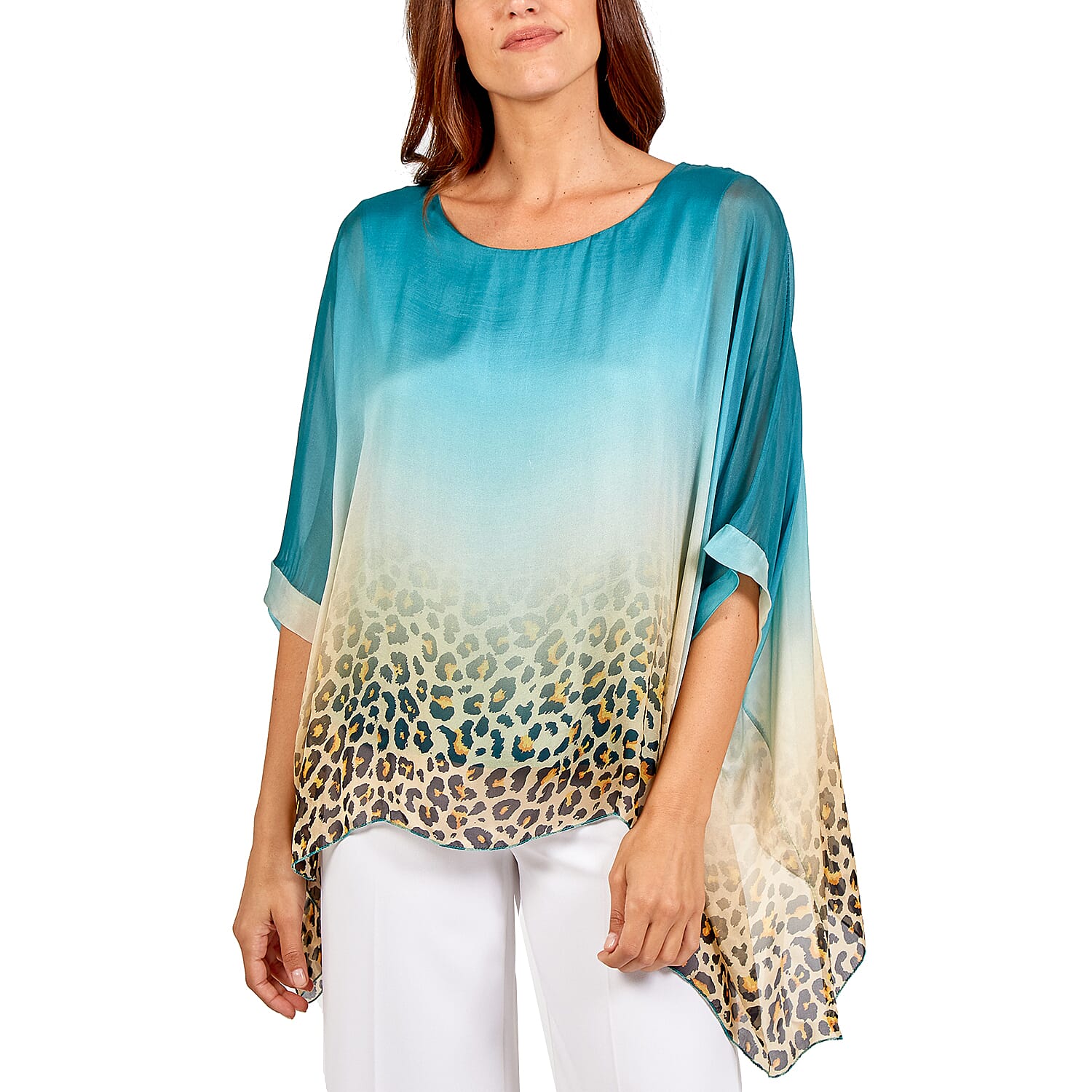 Nova of London Premier Collection 100% Silk Leopard Pattern Top in Teal (Size 10-18)