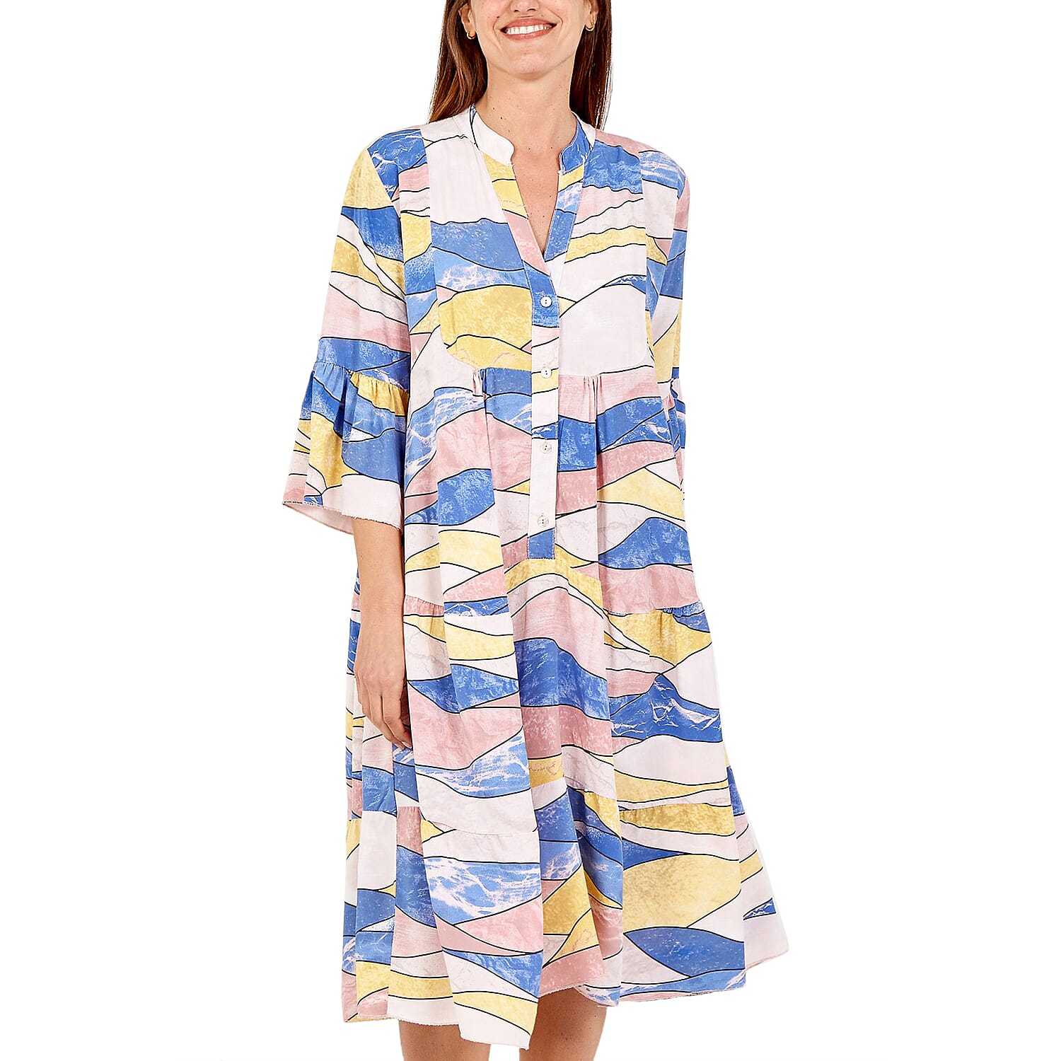 NOVA of London - Abstract Midi Smock Dress in White and Multi (Size up to 18)