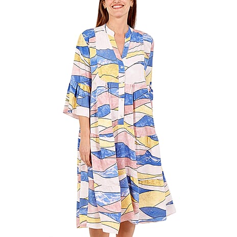 NOVA of London - Abstract Midi Smock Dress in White and Multi (Size up to 18)