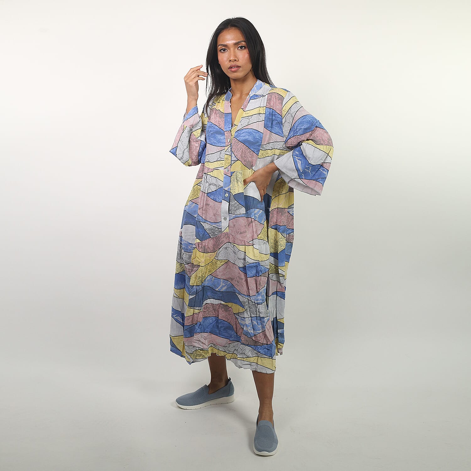 NOVA of London - Abstract Midi Smock Dress in White and Multi (Size up to 18)