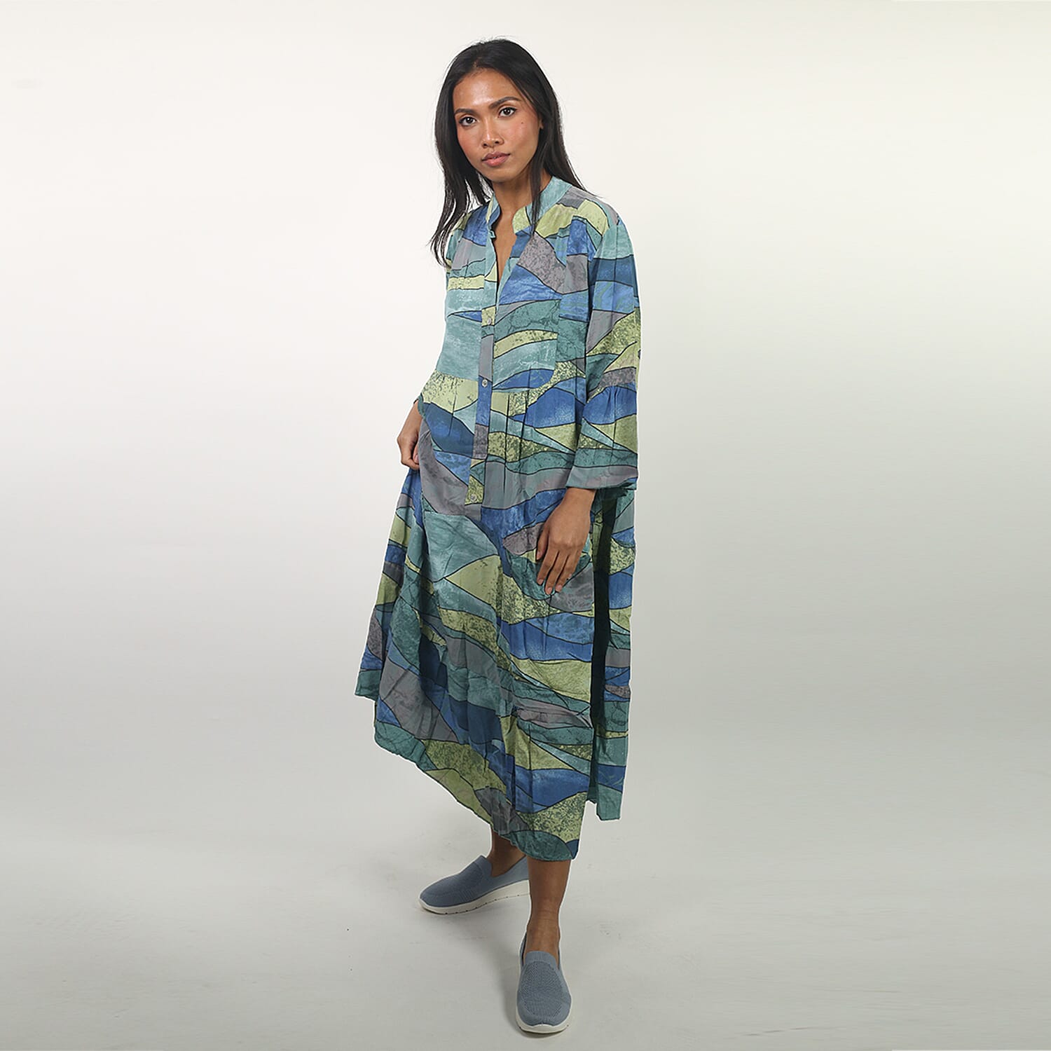 NOVA of London - Abstract Midi Smock Dress in White and Multi (Size up to 18)