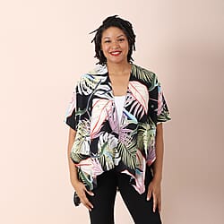 JOVIE Leaf Pattern V-Neckline Kimono - Black