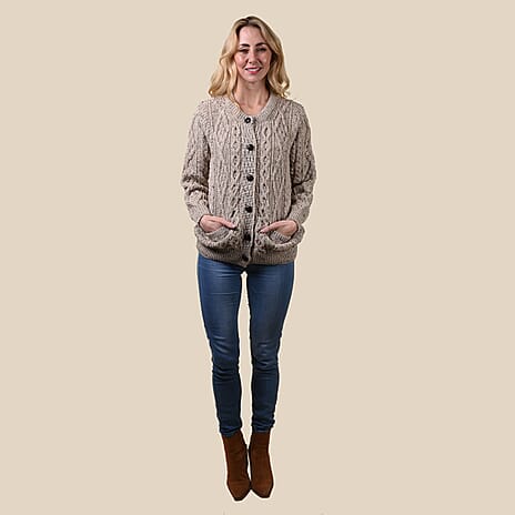 ARAN 100% Pure Wool Heritage Cardigan (Size Large) - Light Brown