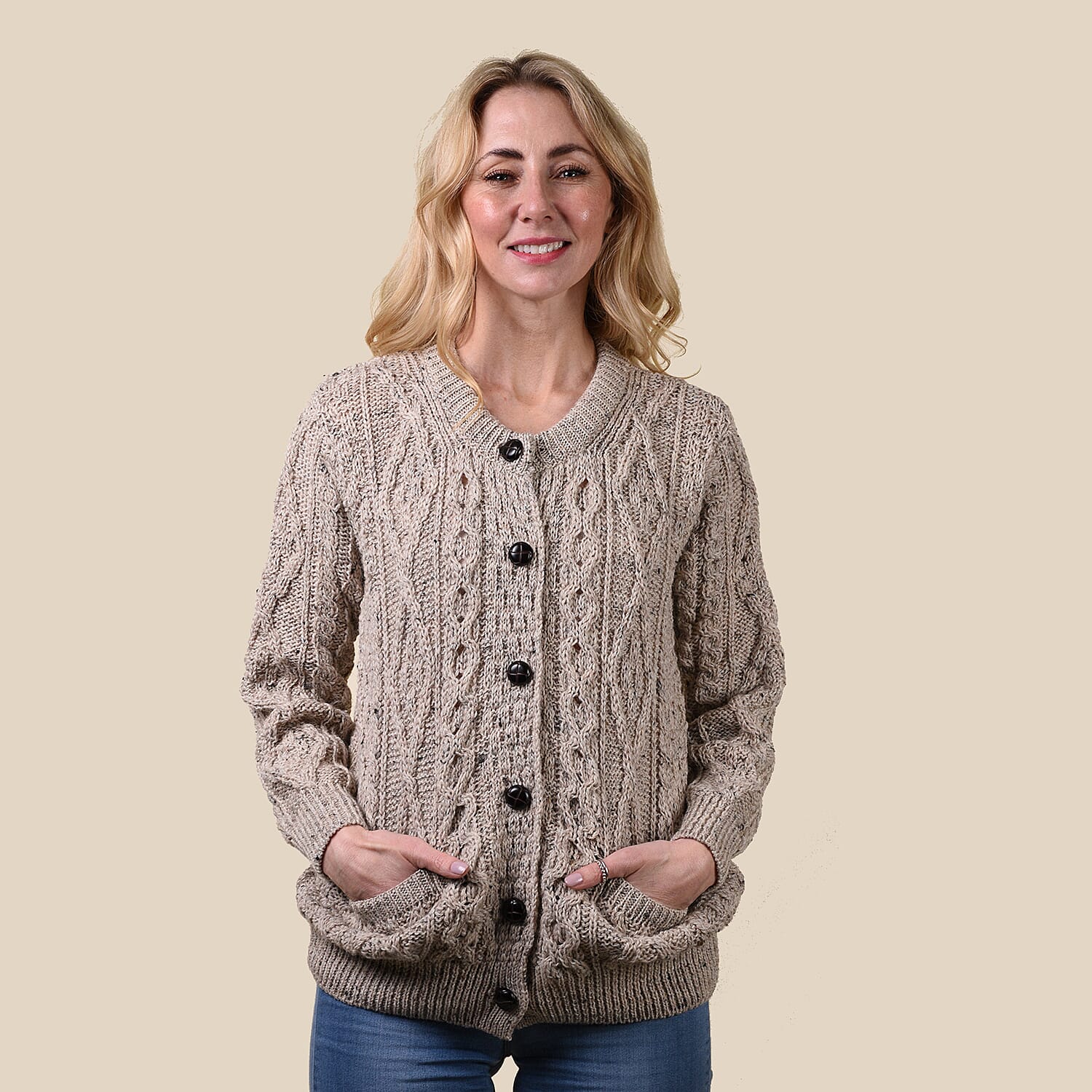 Aran Merino Wool Rope Cable Detailing Women's Cardigan - Light