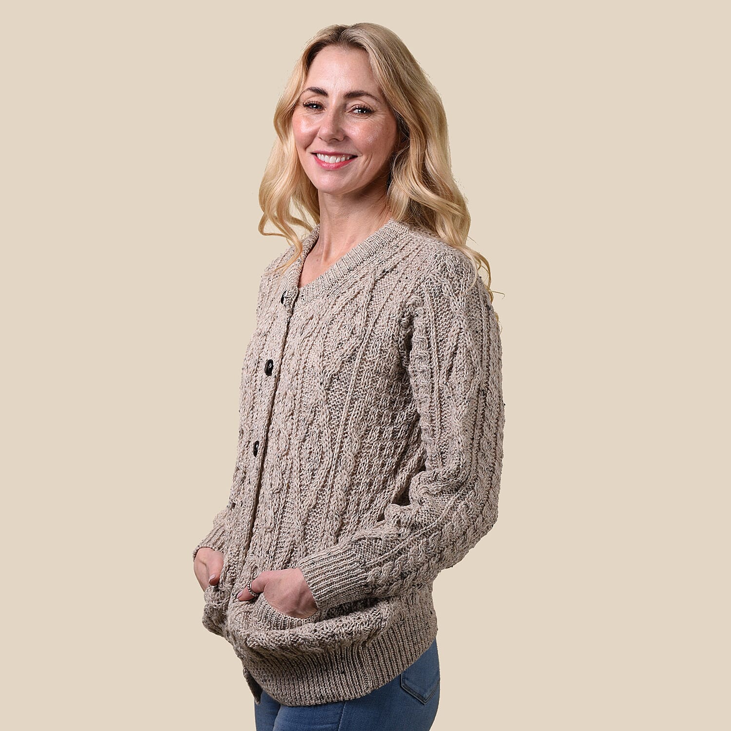 ARAN 100% Pure Wool Heritage Cardigan (Size Large) - Light Brown