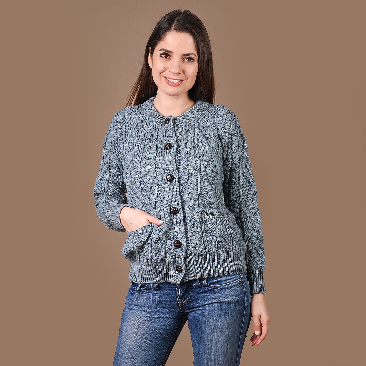 ARAN Pure Wool Heritage Cardigan - Light Brown