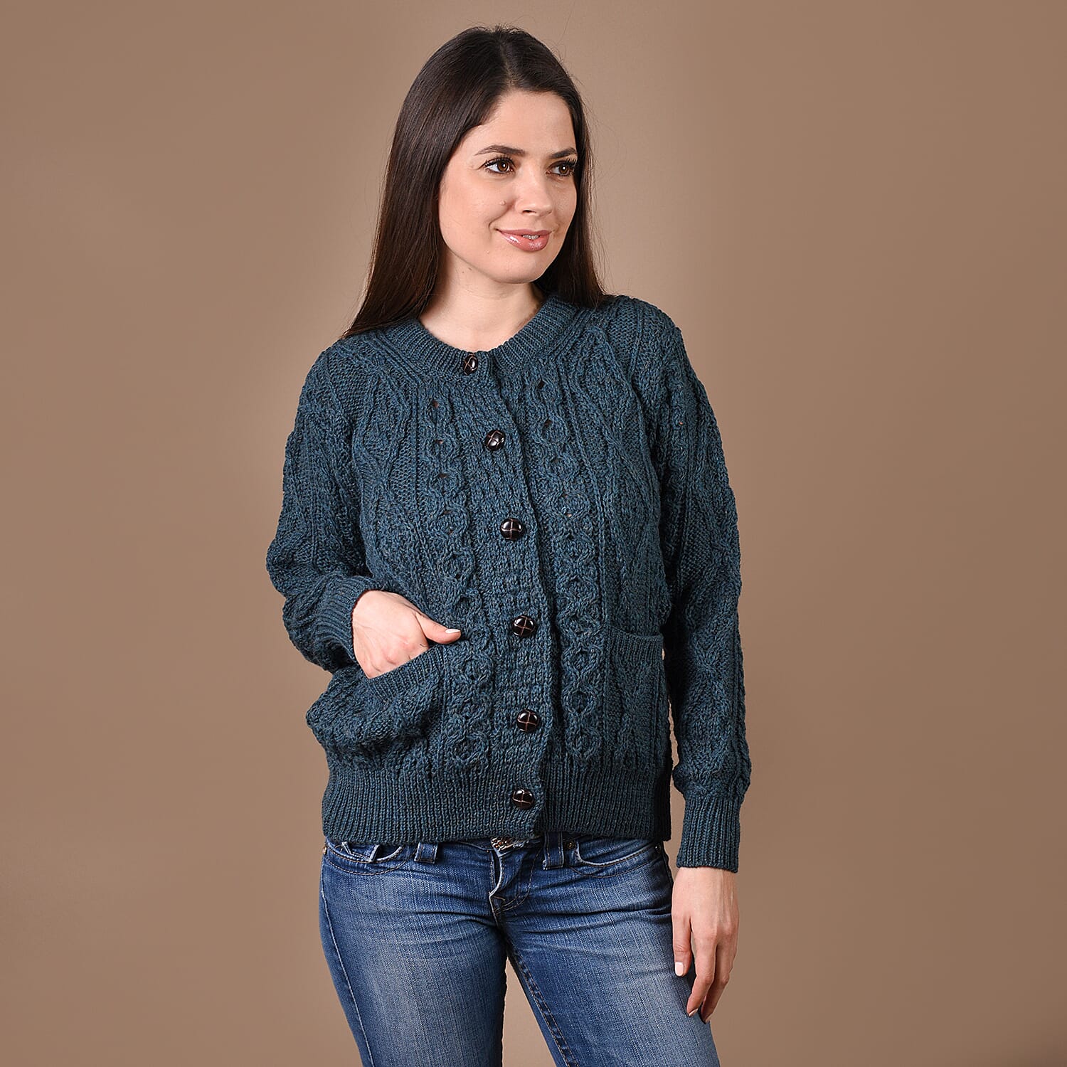 ARAN Pure Wool Heritage Cardigan - Light Brown