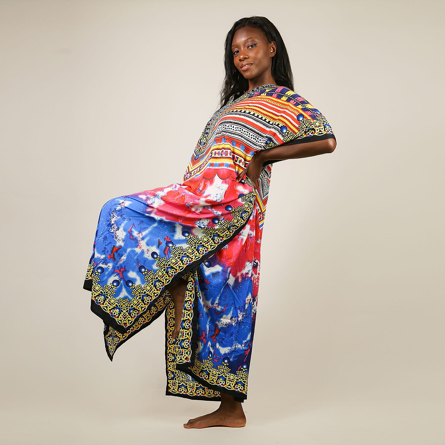 Winlar Long Micro Panel Print Kaftan (One Size Fits All) - Pink & Blue