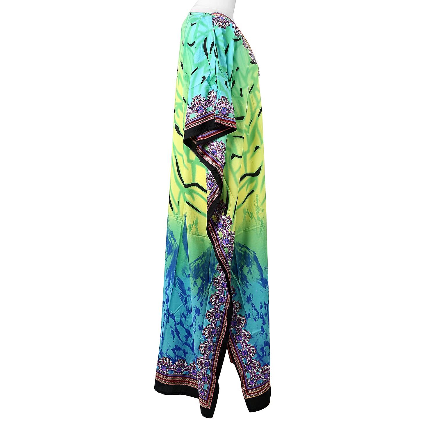 Winlar Long Micro Panel Print Kaftan (One Size Fits All) - Turquoise & Multi