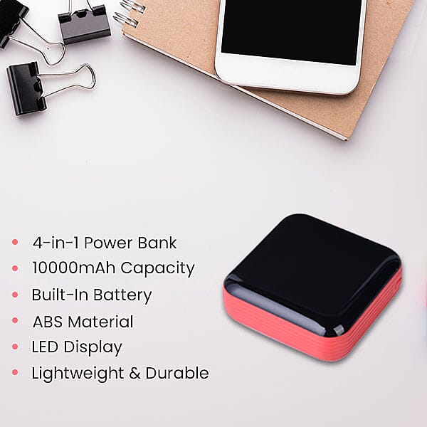 10000 mAh Portable Power Bank 4 in 1 Charger with LED Lights (Built in 4 Different Charging Cable) - Red and Black