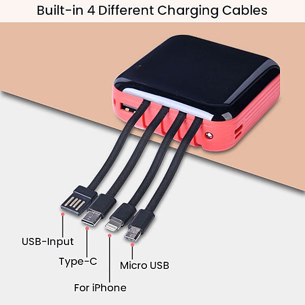 10000 mAh Portable Power Bank 4 in 1 Charger with LED Lights (Built in 4 Different Charging Cable) - Red and Black