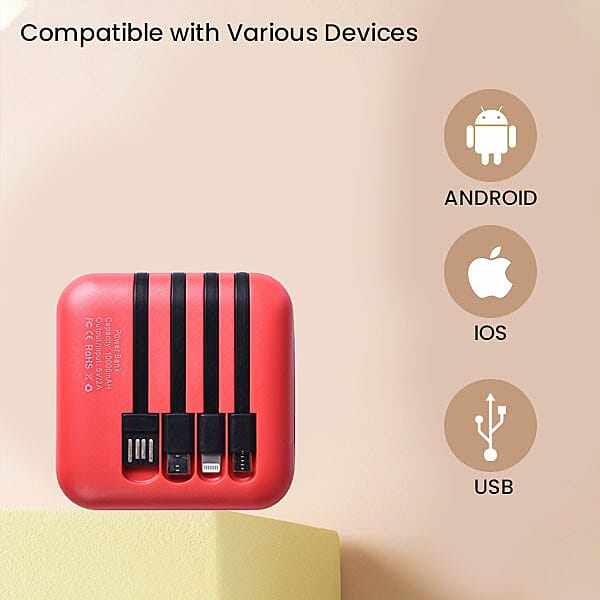 10000 mAh Portable Power Bank 4 in 1 Charger with LED Lights (Built in 4 Different Charging Cable) - Red and Black