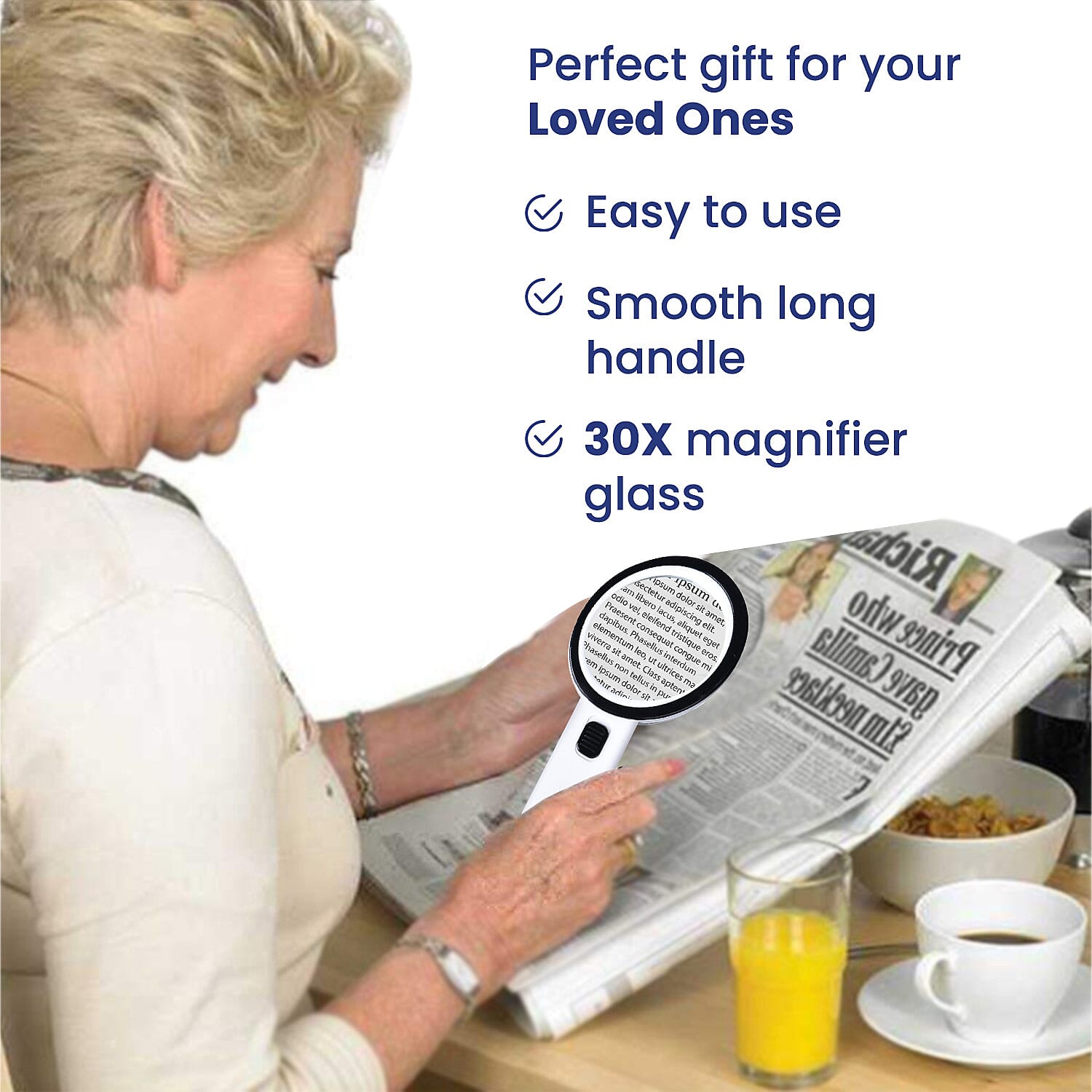 30x Handheld Large Magnifying Glass with 12 LED Illuminated Lighted Magnifier (Requires 2 AA batteries, Not included)