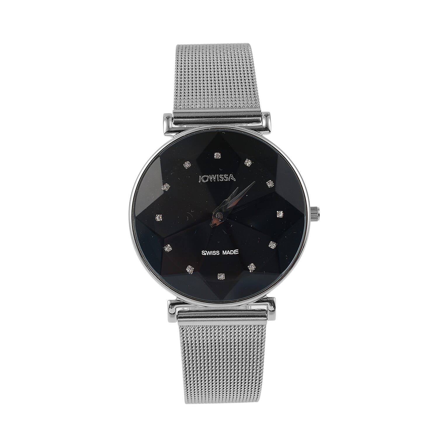 Jowissa - Facet Swiss Water Resistant Black Dial Bracelet Watch with Star Cut and Stainless Steel Mesh Style Strap