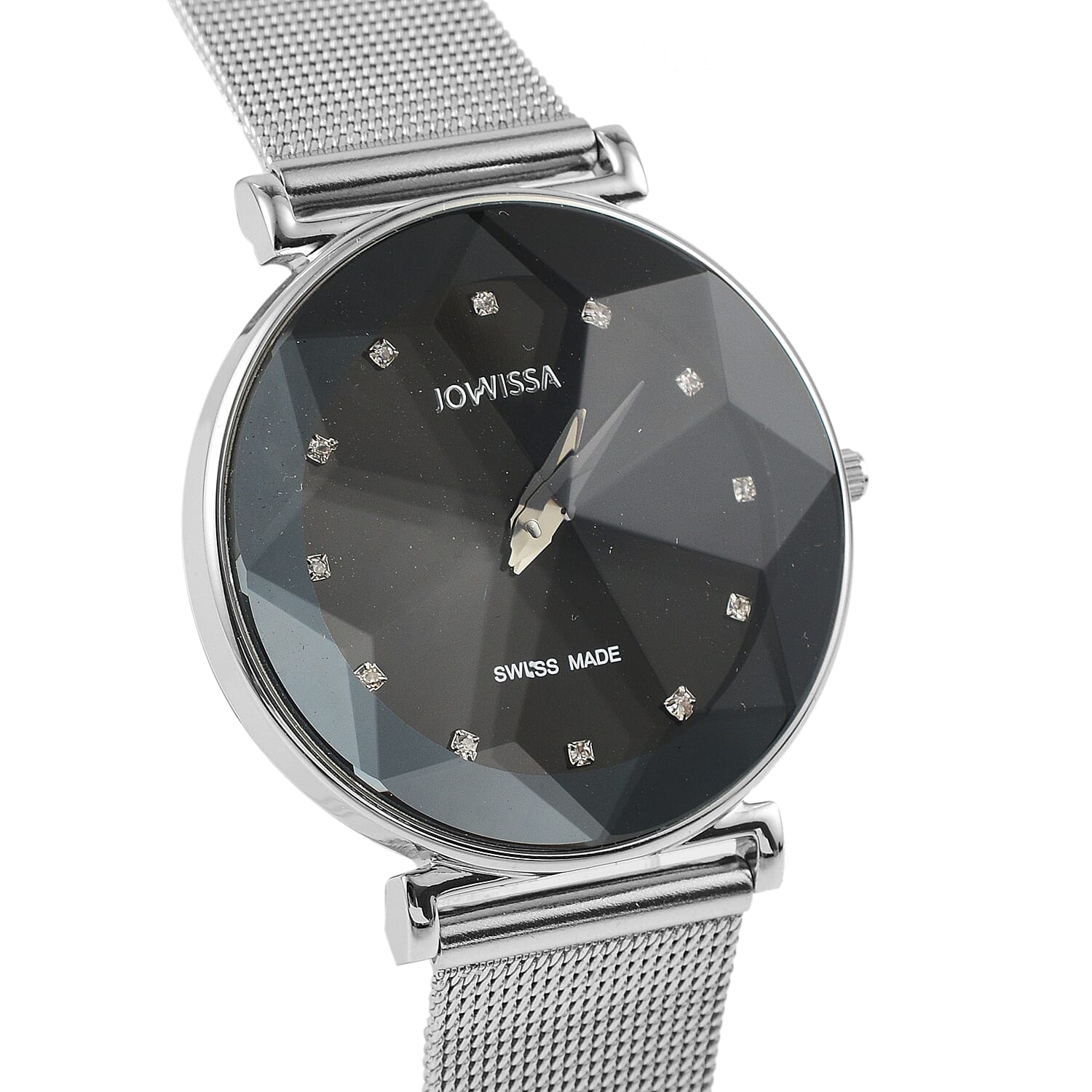 Jowissa - Facet Swiss Water Resistant Black Dial Bracelet Watch with Star Cut and Stainless Steel Mesh Style Strap