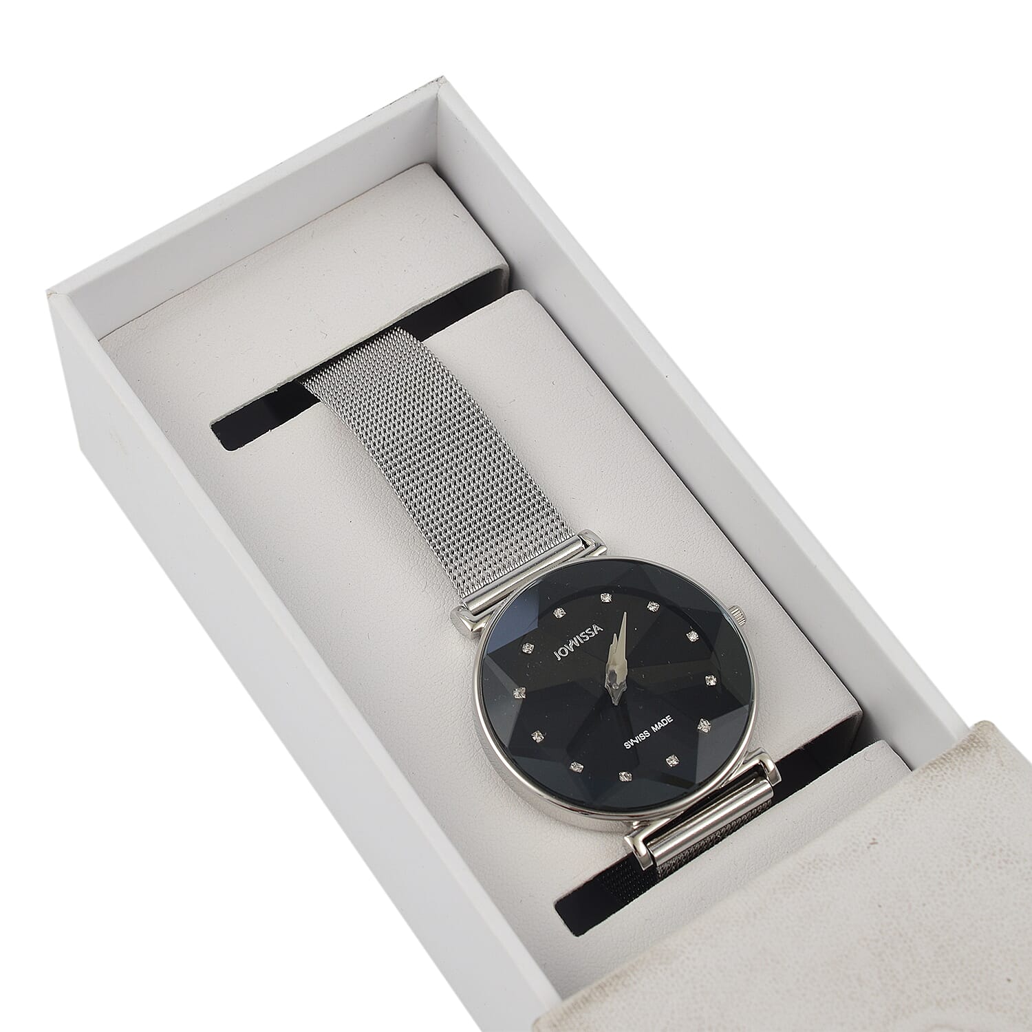 Jowissa - Facet Swiss Water Resistant Black Dial Bracelet Watch with Star Cut and Stainless Steel Mesh Style Strap