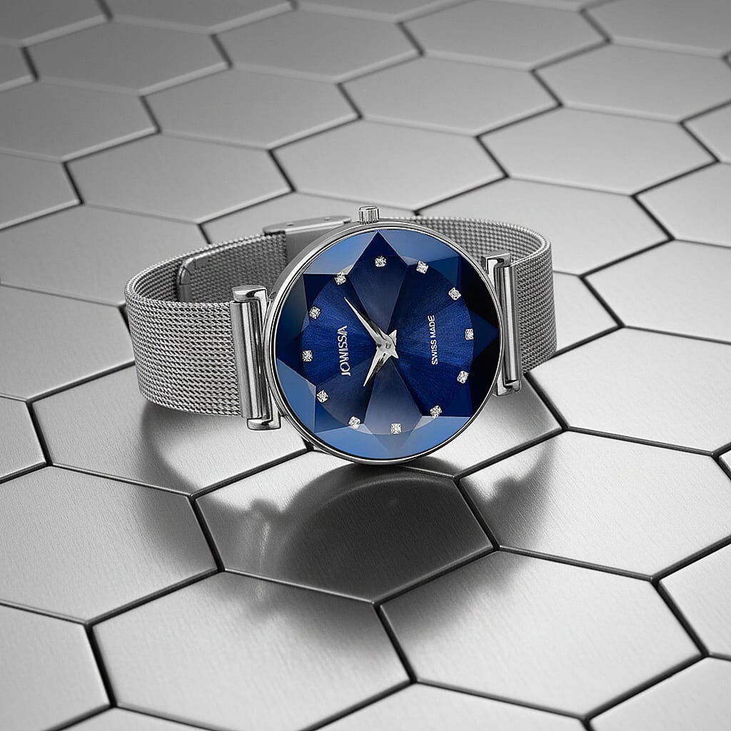Jowissa -Facet Swiss Water Resistant Blue Dial Bracelet Watch with Star Cut and Stainless Steel Mesh Style Strap