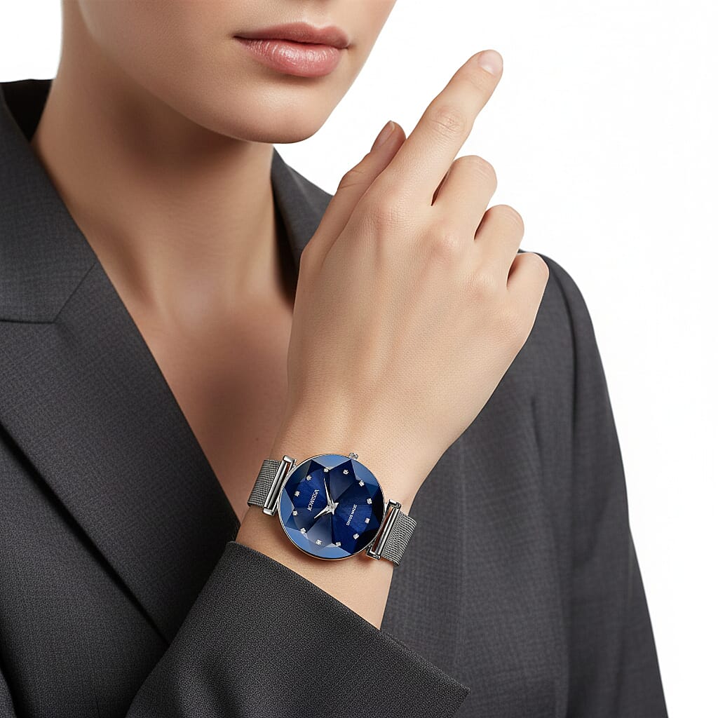 Jowissa -Facet Swiss Water Resistant Blue Dial Bracelet Watch with Star Cut and Stainless Steel Mesh Style Strap