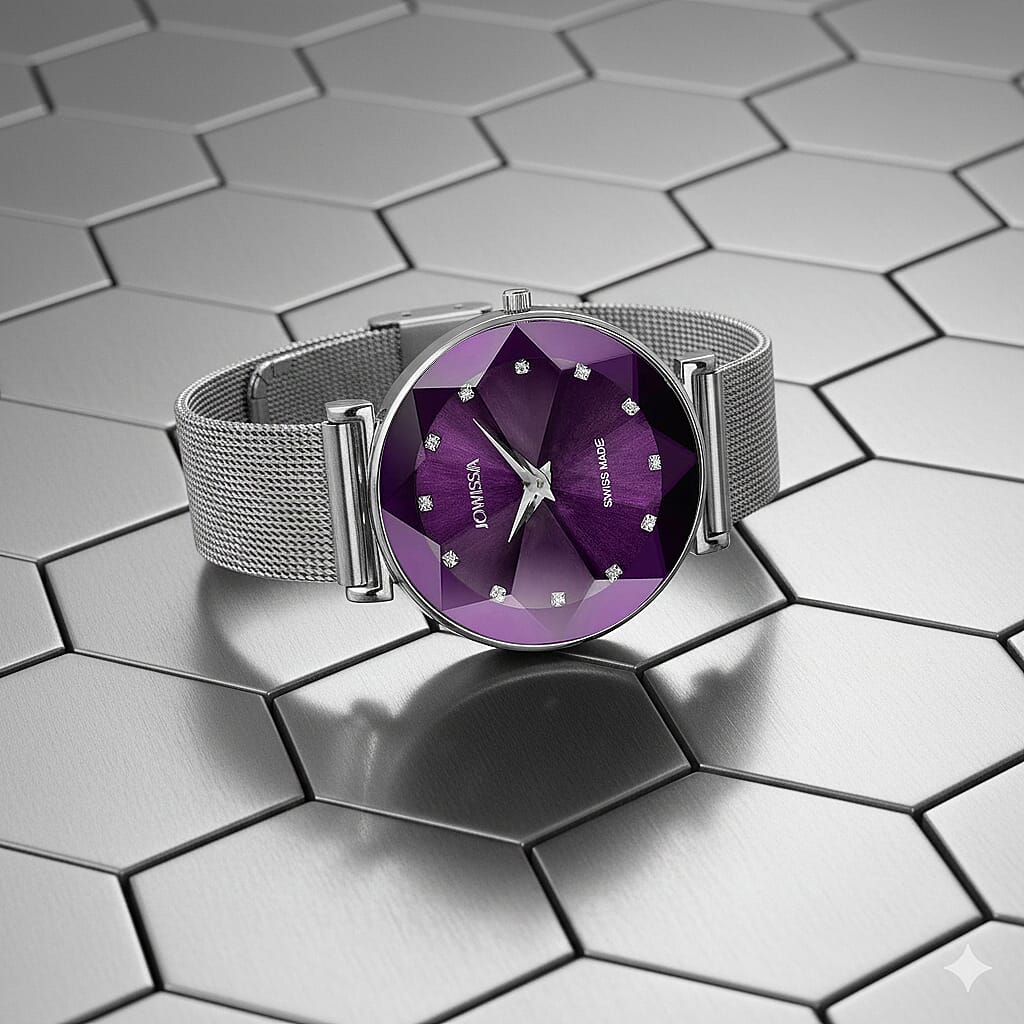 Jowissa -Facet Swiss Water Resistant Purple Dial Bracelet Watch with Star Cut and Stainless Steel Mesh Style Strap