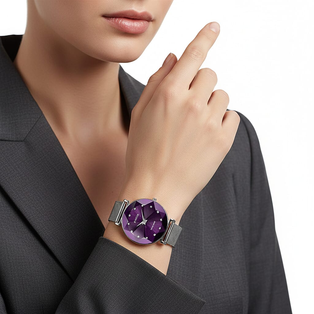 Jowissa -Facet Swiss Water Resistant Purple Dial Bracelet Watch with Star Cut and Stainless Steel Mesh Style Strap