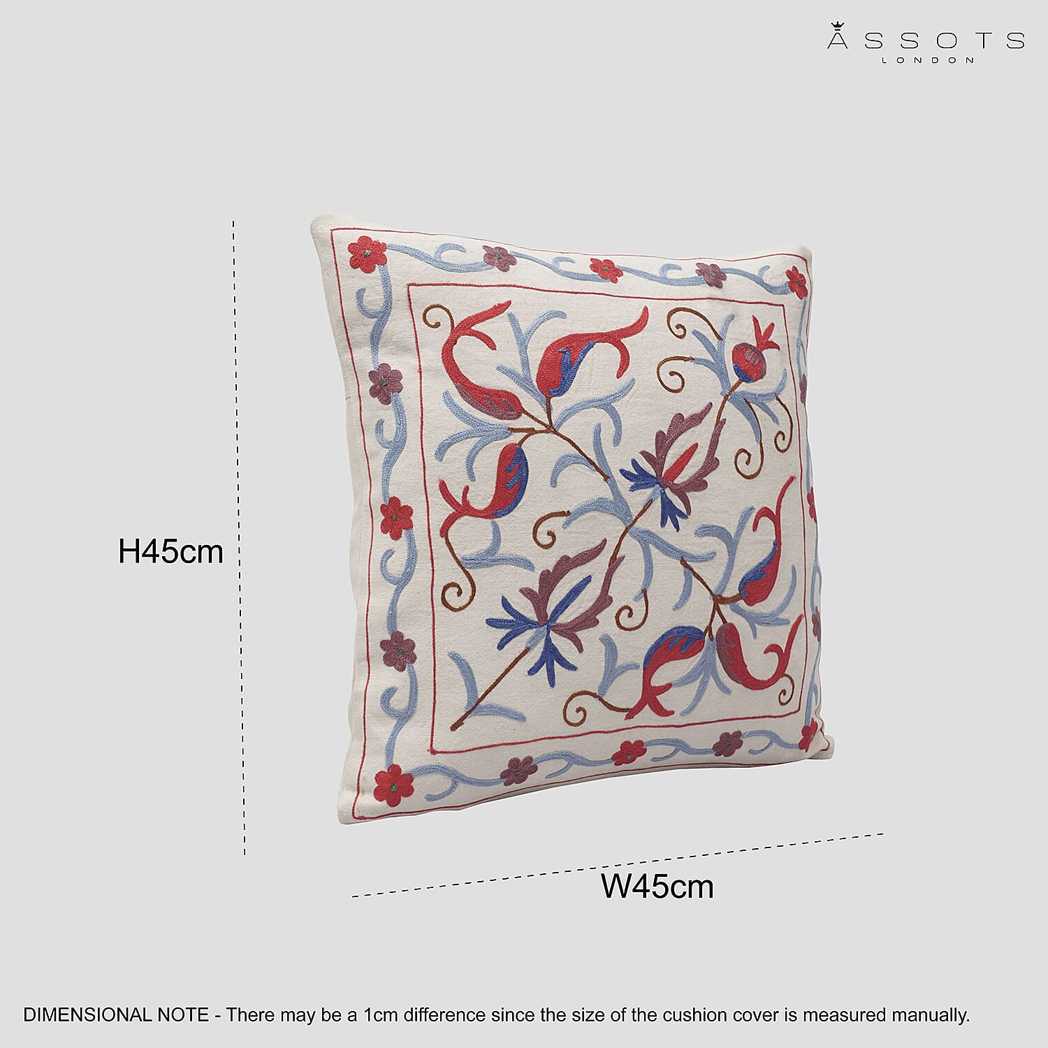 Assots London Hand Made 100% Cotton Embroidered Cushion Cover - Navy & Red