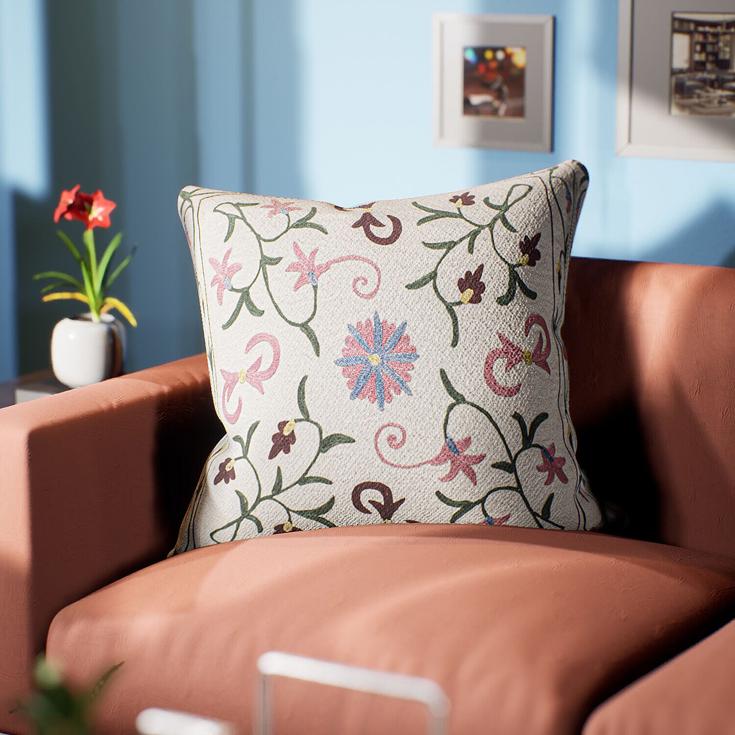 Assots London Handmade 100% Cotton Embroidered Cushion Cover (Size 45 cm) - Pink - Yellow