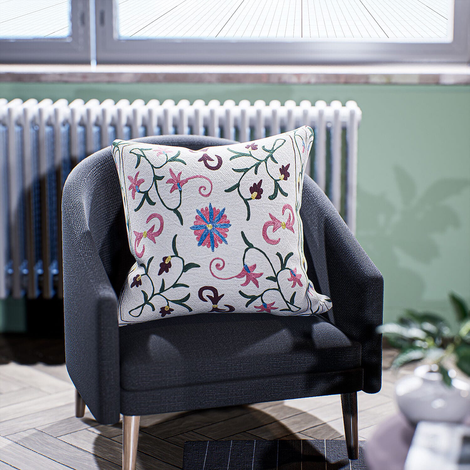 Assots London Handmade 100% Cotton Embroidered Cushion Cover (Size 45 cm) - Pink - Yellow