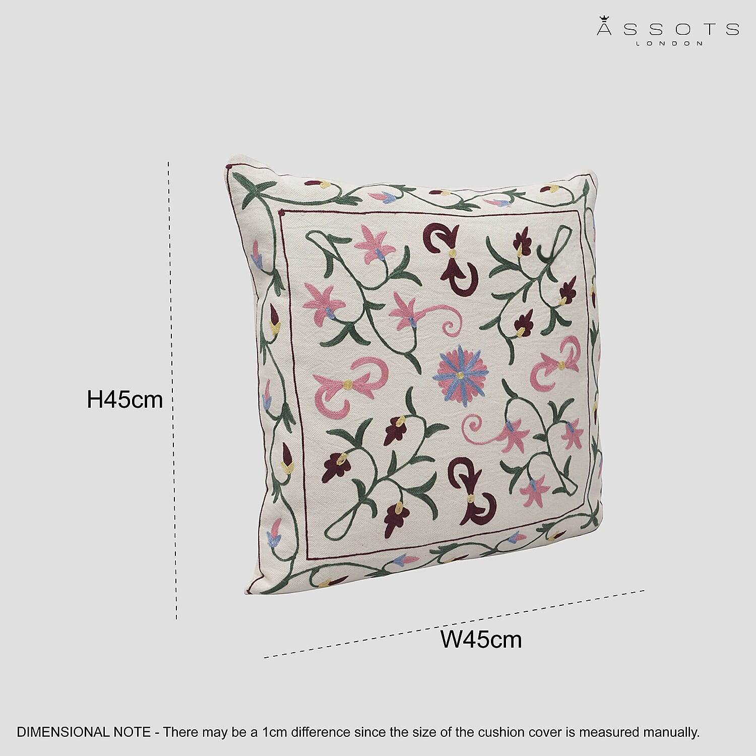 Assots London Handmade 100% Cotton Embroidered Cushion Cover (Size 45 cm) - Pink - Yellow
