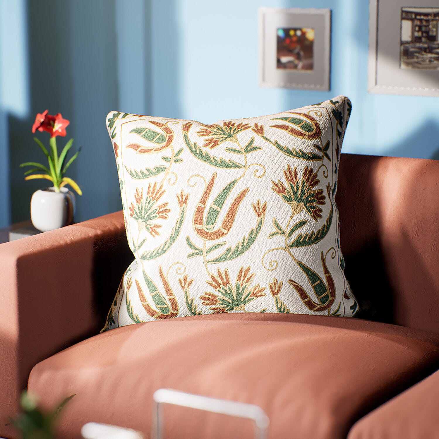 Assots London Handmade 100% Cotton Embroidered Cushion Cover (Size 45 cm) - Green - Brown